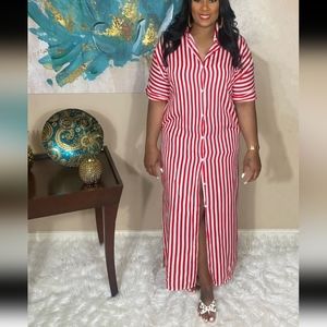 Red stripe button down maxi dress